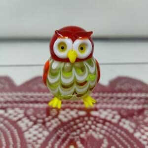 Hand Blown Art Glass OWL Figurine Red White 2" Tall Style Sculpture